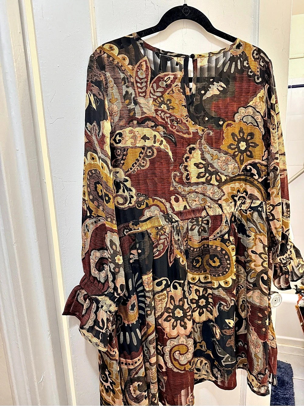 Buffalo David Bitton Paisley Bell Sleeve Blouse in Brown & Black Size Large